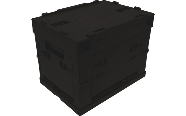 Dark gray rectangular box with a lid, visible latches, handles and molded panels