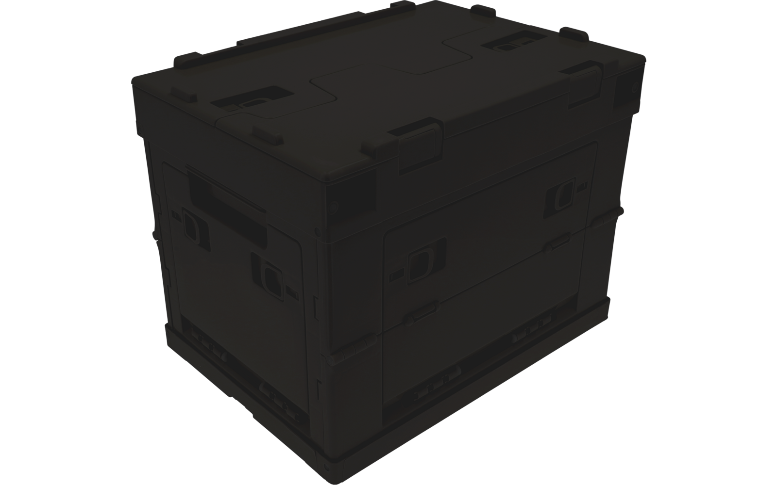 Dark gray rectangular box with a lid, visible latches, handles and molded panels