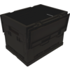 Black plastic storage box with closed lid, side handles and latches