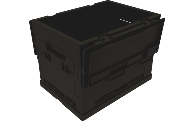 Black plastic storage box with closed lid, side handles and latches