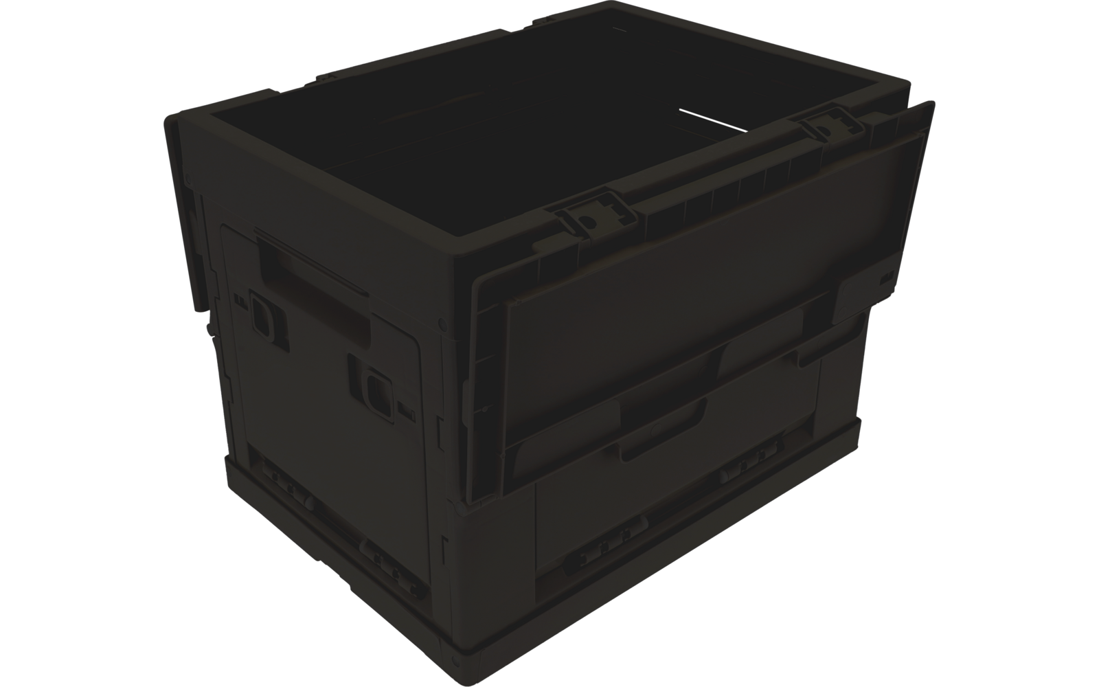 Black plastic storage box with closed lid, side handles and latches