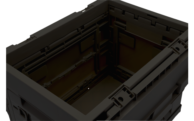 Empty open plastic crate with reinforced side walls and built-in handles, viewed from above