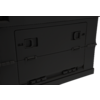 Black device with rectangular panel, two sliding latches at top, side hinges and locking clips