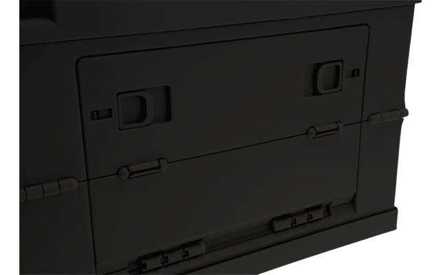 Black device with rectangular panel, two sliding latches at top, side hinges and locking clips