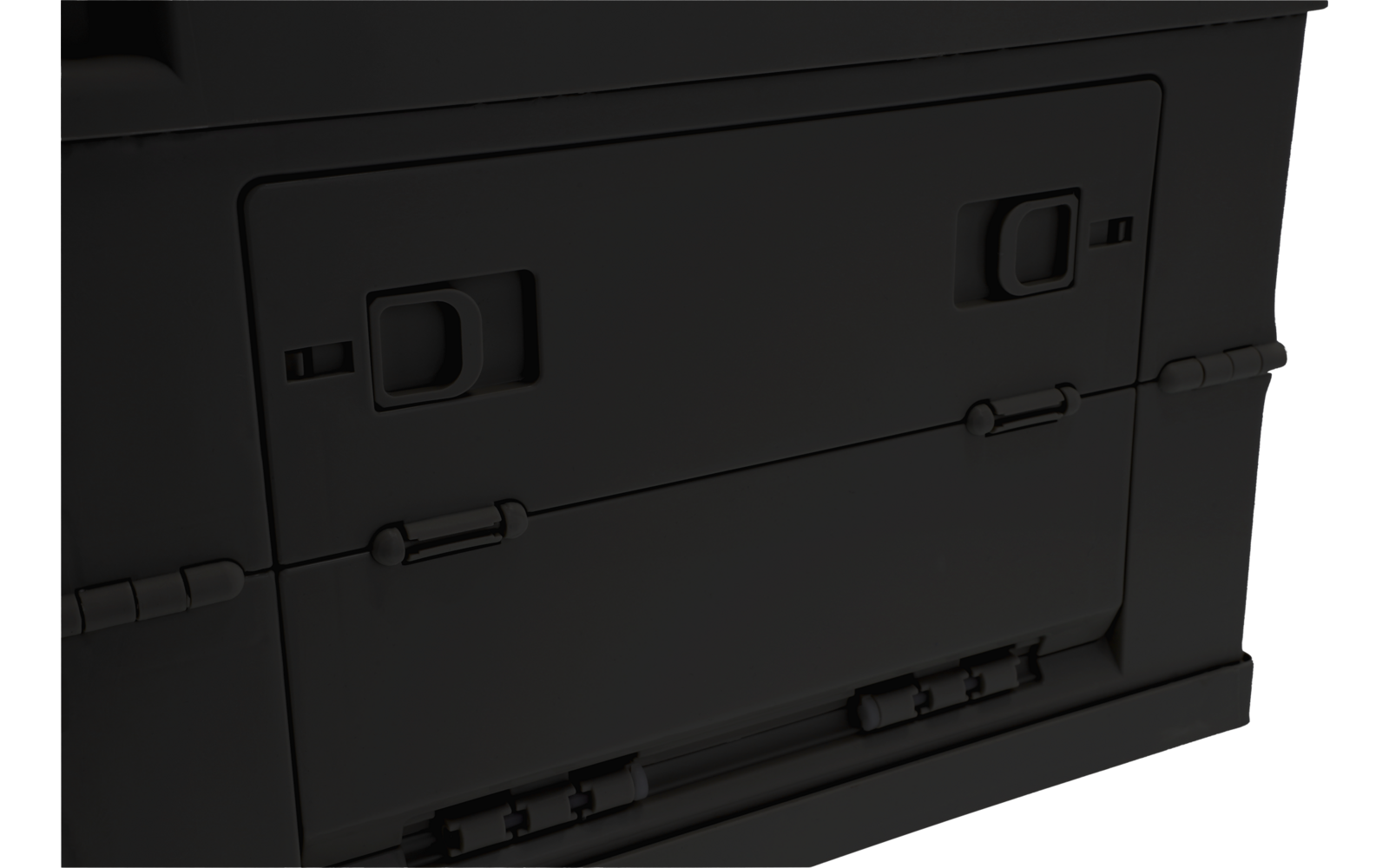 Black device with rectangular panel, two sliding latches at top, side hinges and locking clips