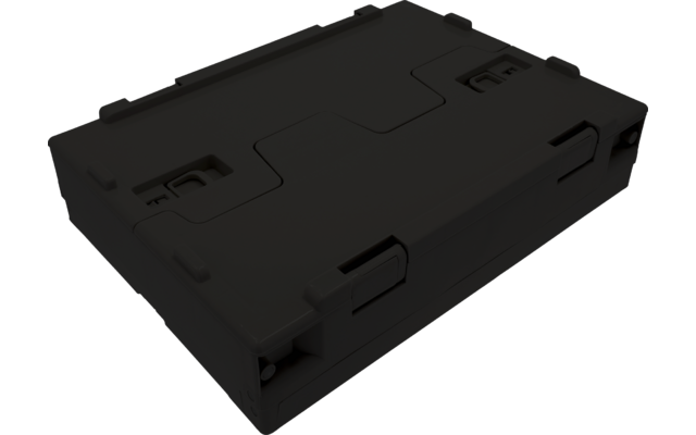 Dark rectangular plastic case with visible latches and recessed edges