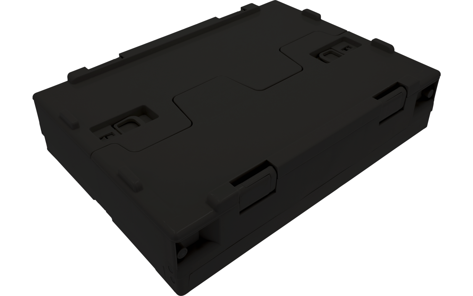 Dark rectangular plastic case with visible latches and recessed edges