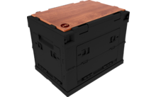 Zwarte kunststofkist met houten deksel en klein rond logo bovenop