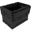 Schwarze Kunststoff-Transportbox mit geschlossenem Deckel, seitlichen Griffen und Verschlüssen