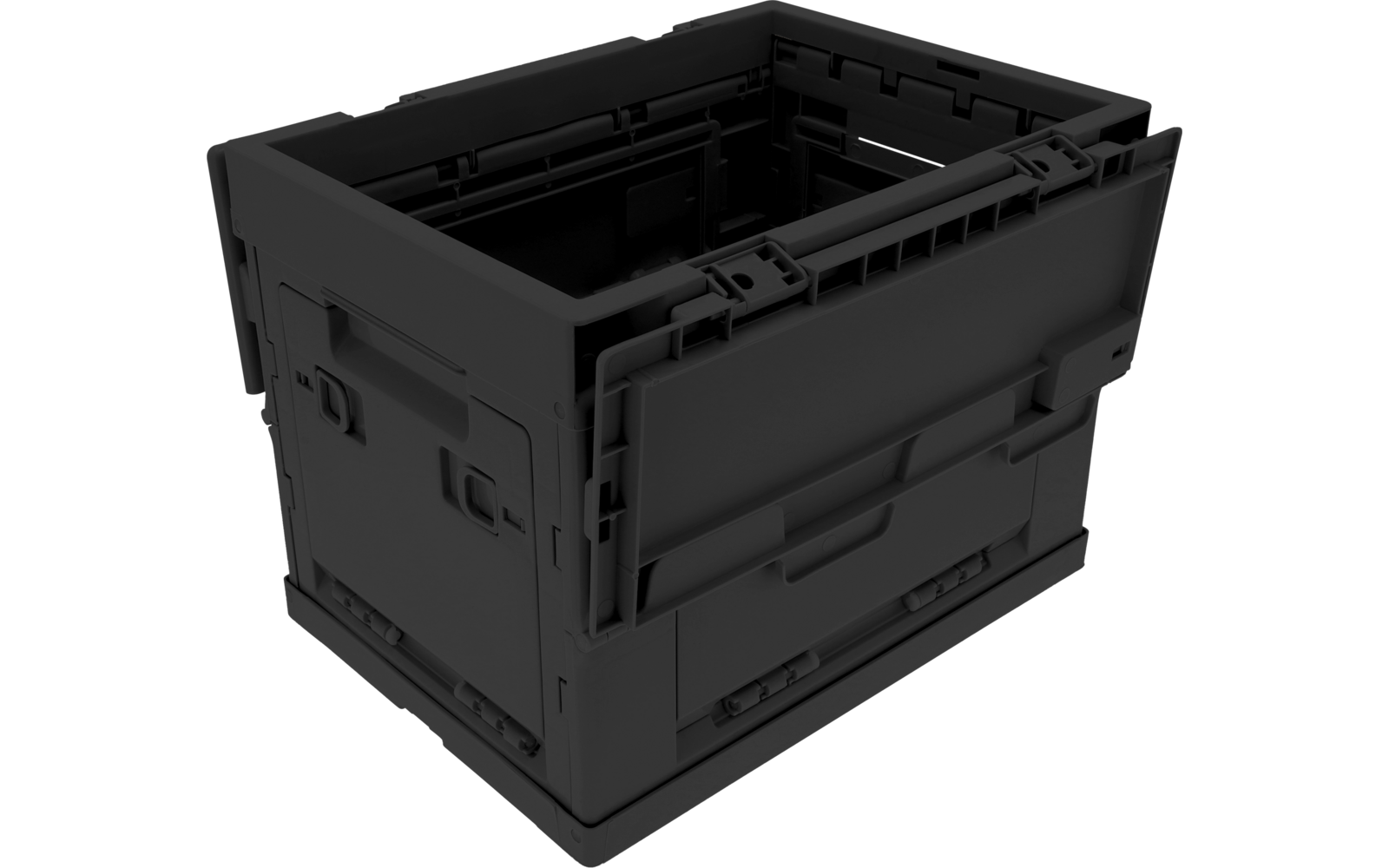 Schwarze Kunststoff-Transportbox mit geschlossenem Deckel, seitlichen Griffen und Verschlüssen
