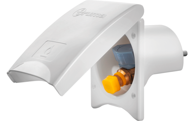 Weißes Kunststoffgehäuse mit offener, nach oben gebogener Klappe; im Innenraum ein rundes metallisches Bauteil mit gelbem Kunststoffschutz und blauem Kunststoffanschluss; zwei Metallstifte am hinteren Teil