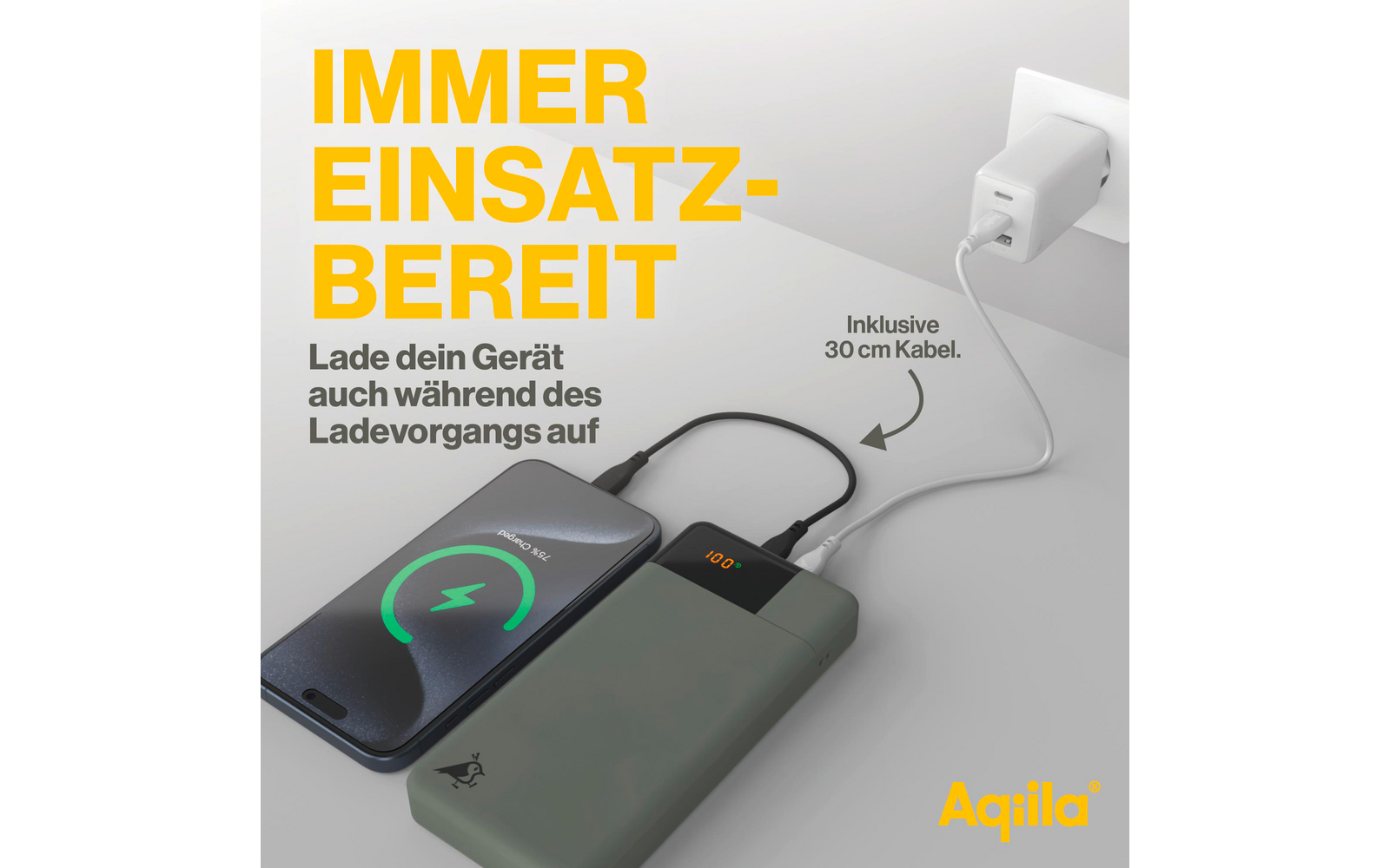 Oplader met smartphone en powerbank, beide tonen laadiconen, tekst 'Altijd klaar voor gebruik'
