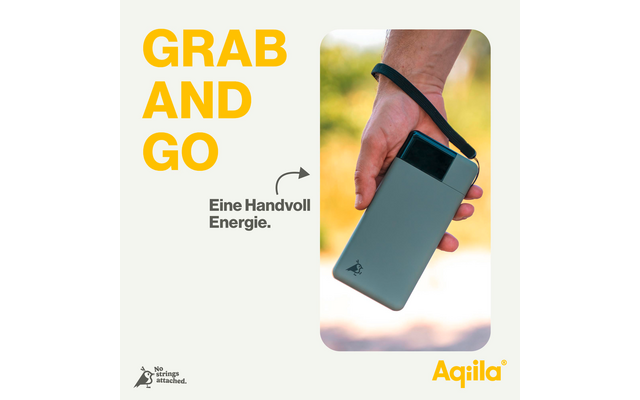 Hand houdt een smartphone met een gele achtergrond en de tekst 'GRAB AND GO'
