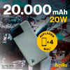 Witte powerbank naast een smartphone op een grijs oppervlak met tekst over capaciteit en laadvermogen