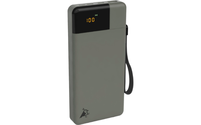 Grijs elektronisch apparaat met display en kabel