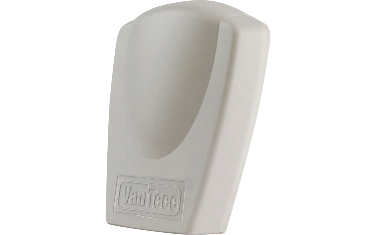 Boîtier en plastique blanc avec face avant arrondie et inclinée; inscription en relief "VanTecc" en bas