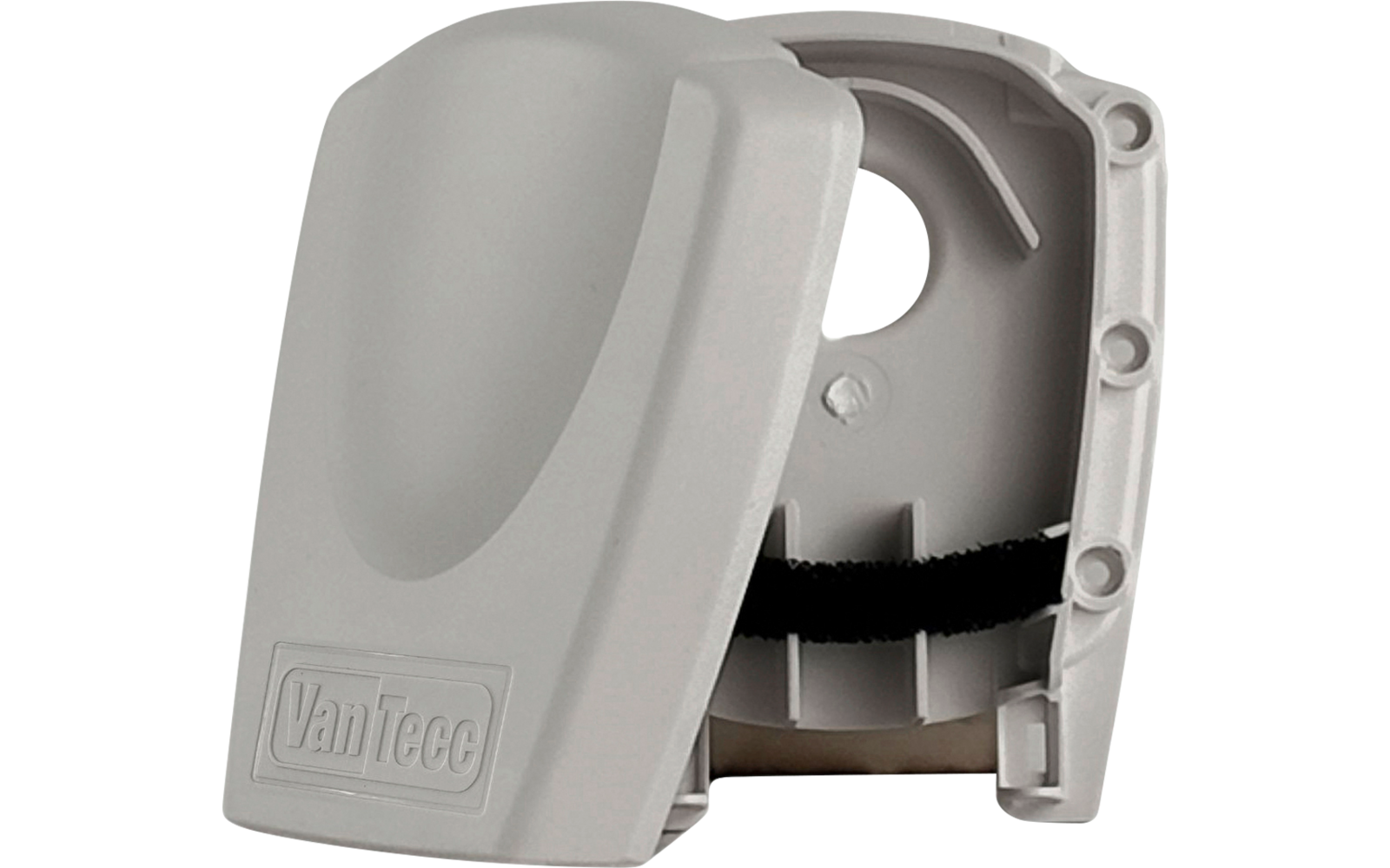 Boîtier en plastique gris-beige partiellement ouvert avec marquage en relief "VanTecc", intérieur visible avec bande en feutre noire et ouvertures rondes de fixation