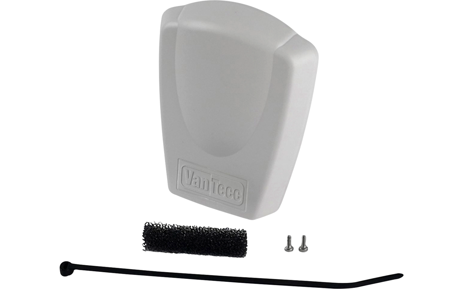 Boîtier en plastique gris clair avec inscription en relief, bande de mousse noire, deux petites vis, collier de serrage noir sur fond blanc