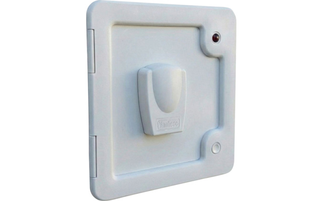 Volet carré en plastique blanc avec poignée centrale, charnière à gauche, petit indicateur rouge en haut à droite, cavité circulaire en bas à droite