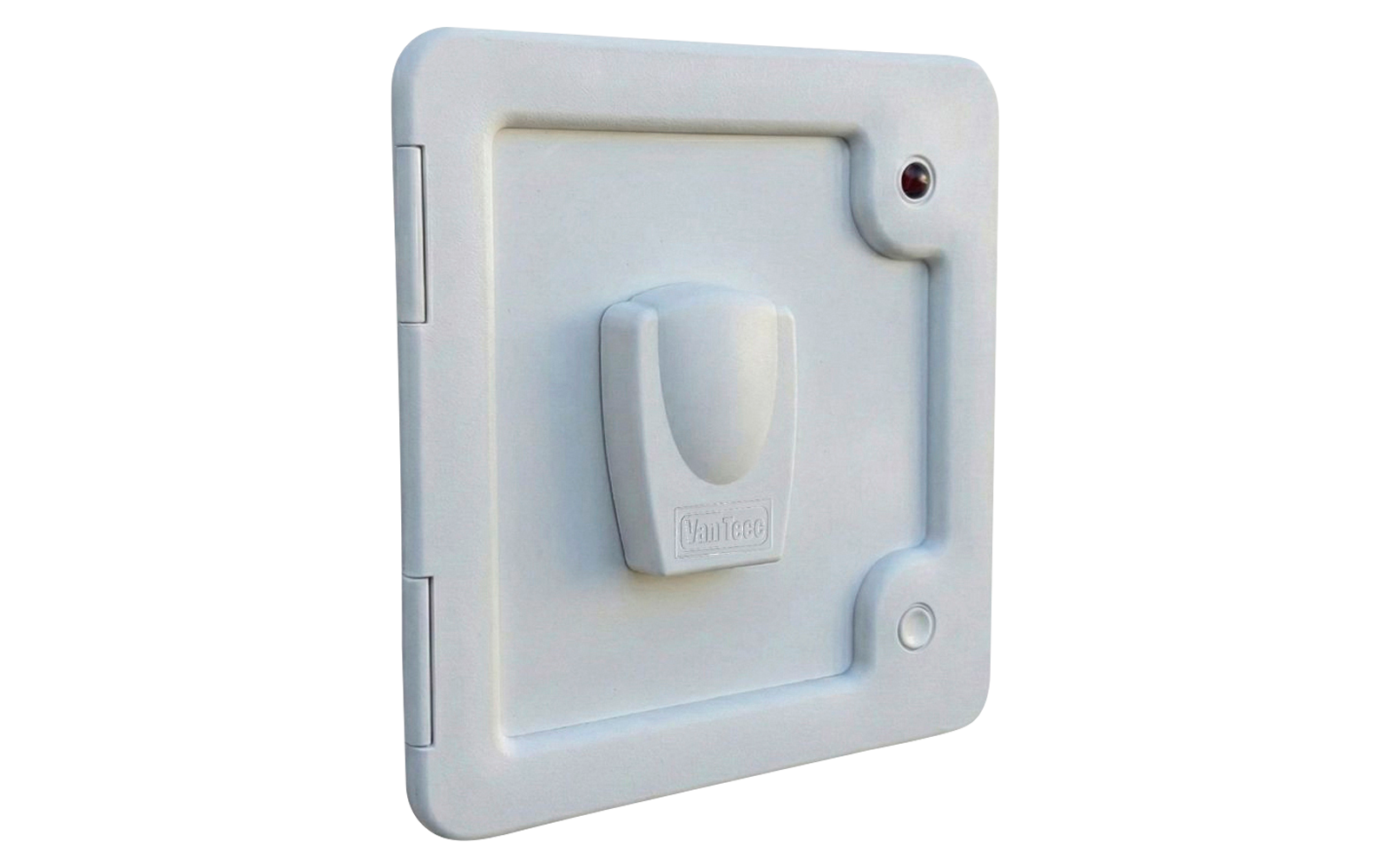 Volet carré en plastique blanc avec poignée centrale, charnière à gauche, petit indicateur rouge en haut à droite, cavité circulaire en bas à droite