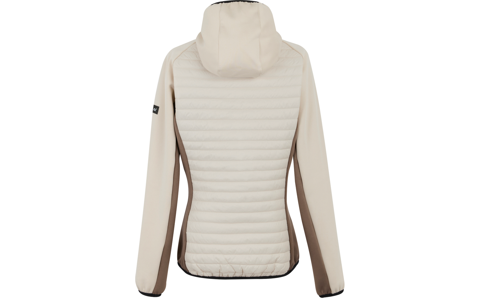 Vue de dos d'une veste matelassée beige clair avec capuche et empiècements foncés sur les manches