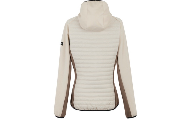 Vue de dos d'une veste matelassée beige clair avec capuche et empiècements foncés sur les manches