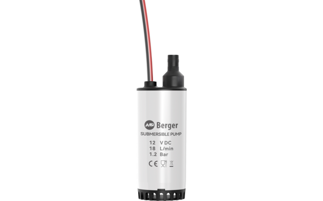 Witte cilindervormige dompelpomp met opschrift "Berger" en "SUBMERSIBLE PUMP", technische aanduidingen "12 V DC, 18 L/min, 1.2 Bar", rode en zwarte kabels links, zwarte uitlaatmond bovenop