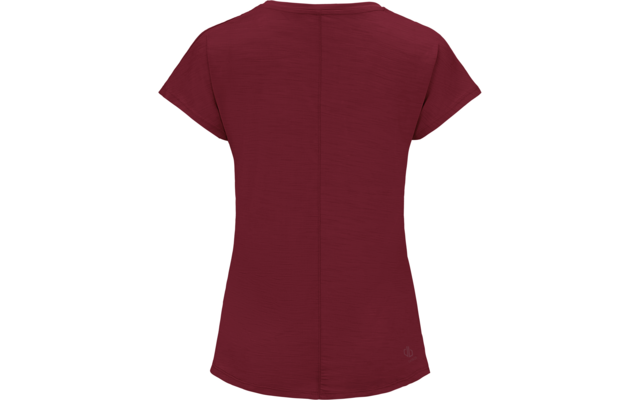 Rückenansicht eines kurzärmeligen, bordeauxfarbenen T‑Shirts mit Rundhalsausschnitt, Mittelnaht, geschwungenem Saum und kleinem rundem Logo rechts unten