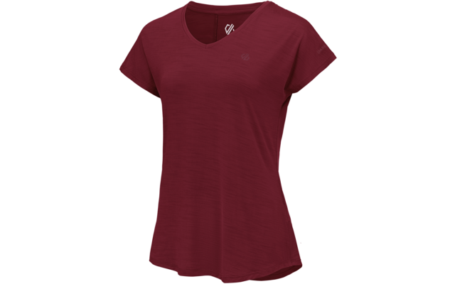 Damen-T-Shirt, kurzärmelig mit V-Ausschnitt, bordeauxfarben, kleine Logos auf Brust und Ärmel, Vorderansicht auf weißem Hintergrund