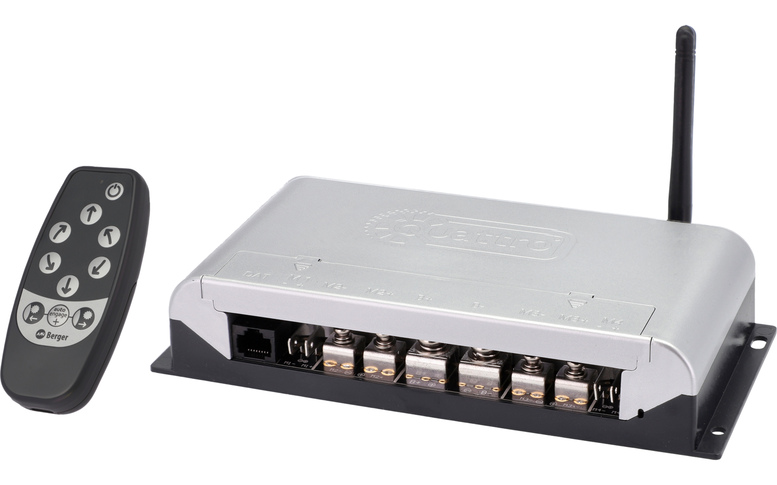 Appareil électronique noir avec plusieurs ports et une petite antenne, à côté d'une petite télécommande