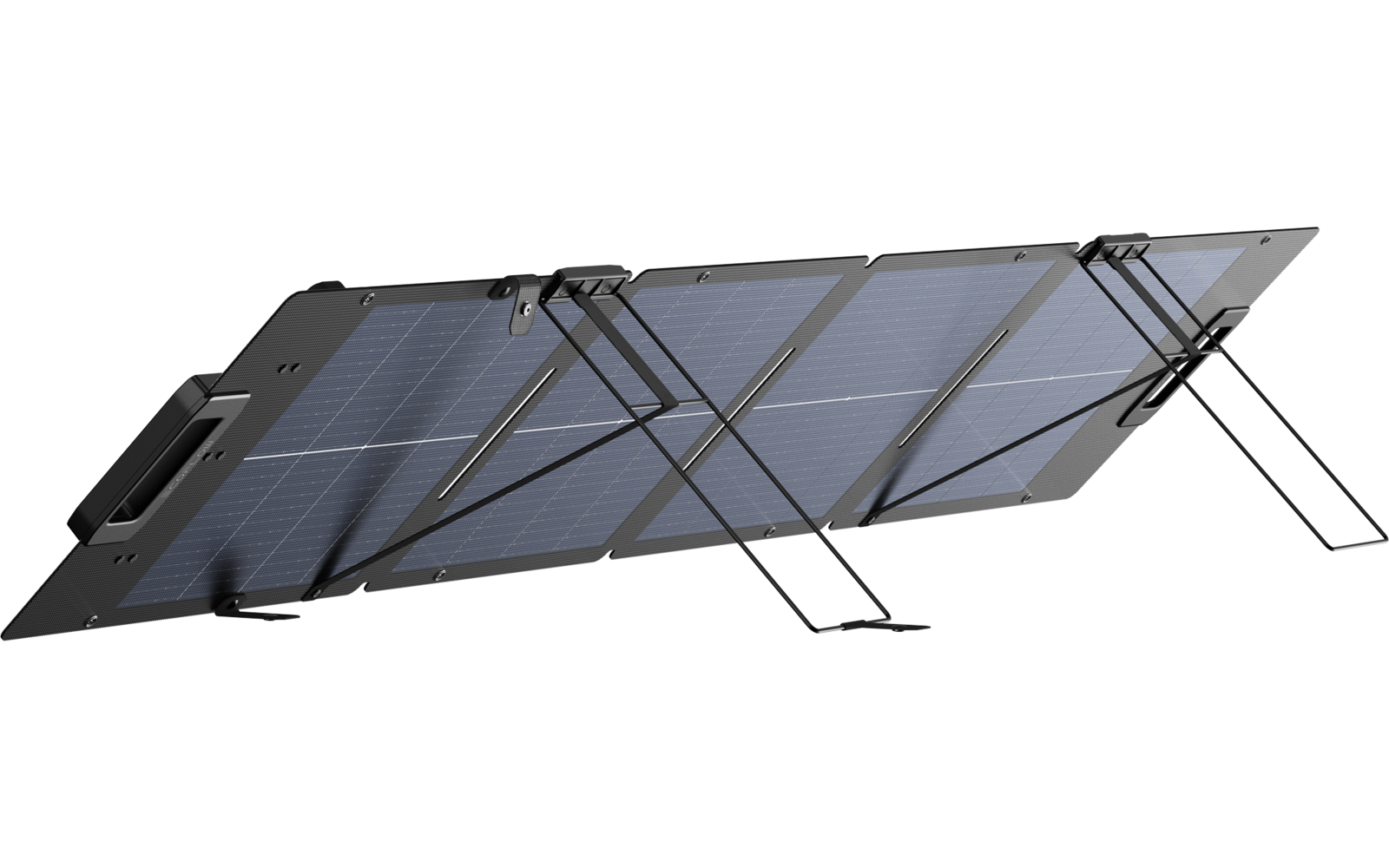 Dreiteiliges faltbares Solarpanel mit schwarzem Rahmen, zwei ausgeklappten Stützbeinen und kleinem schwarzem Gehäuse an der linken Seite