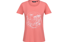 Pink women’s short-sleeve t-shirt with white beach and palm tree print on the front