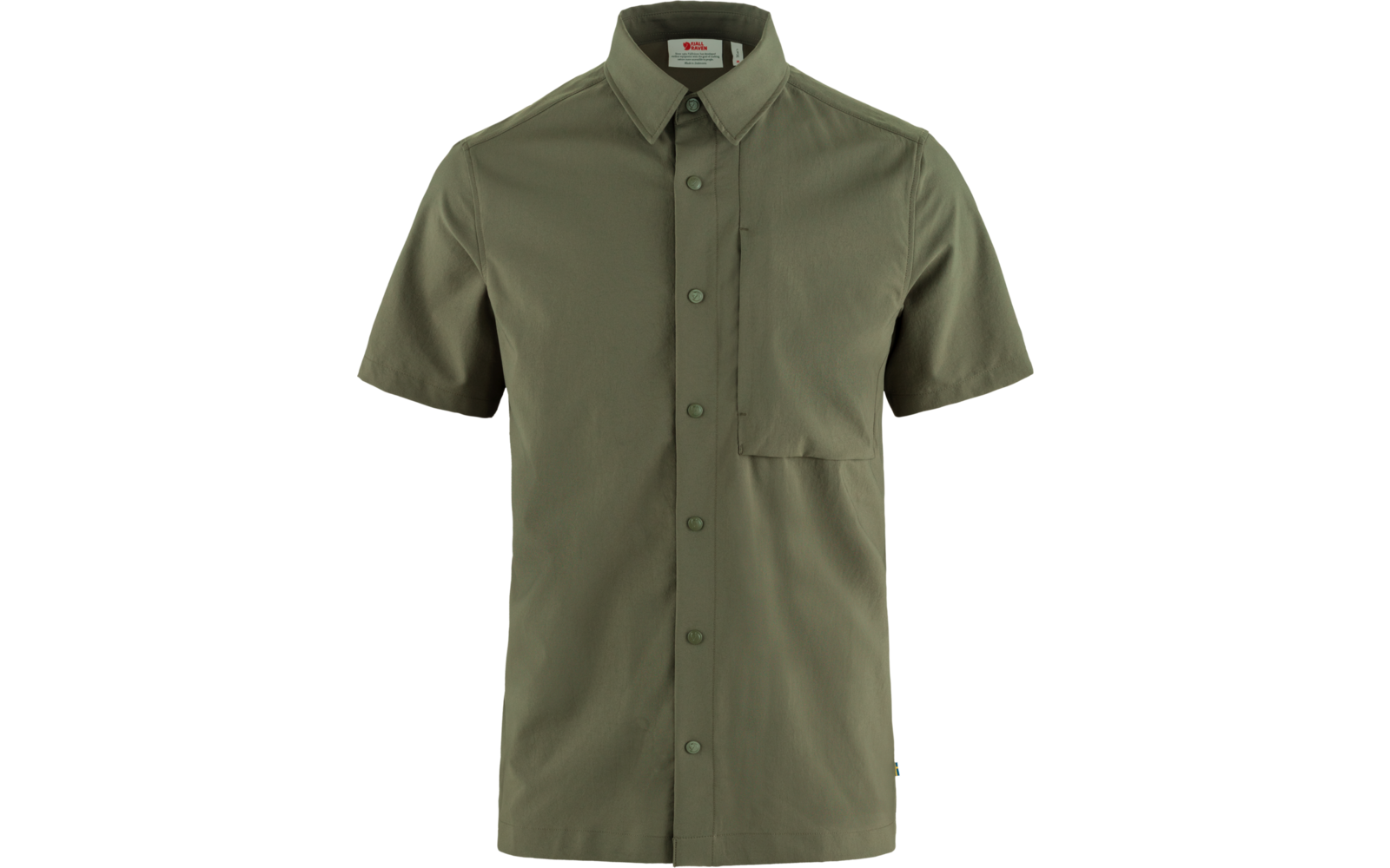 Olijfgroene overhemd met korte mouwen, knoopsluiting, kraag en borstzak, vooraanzicht