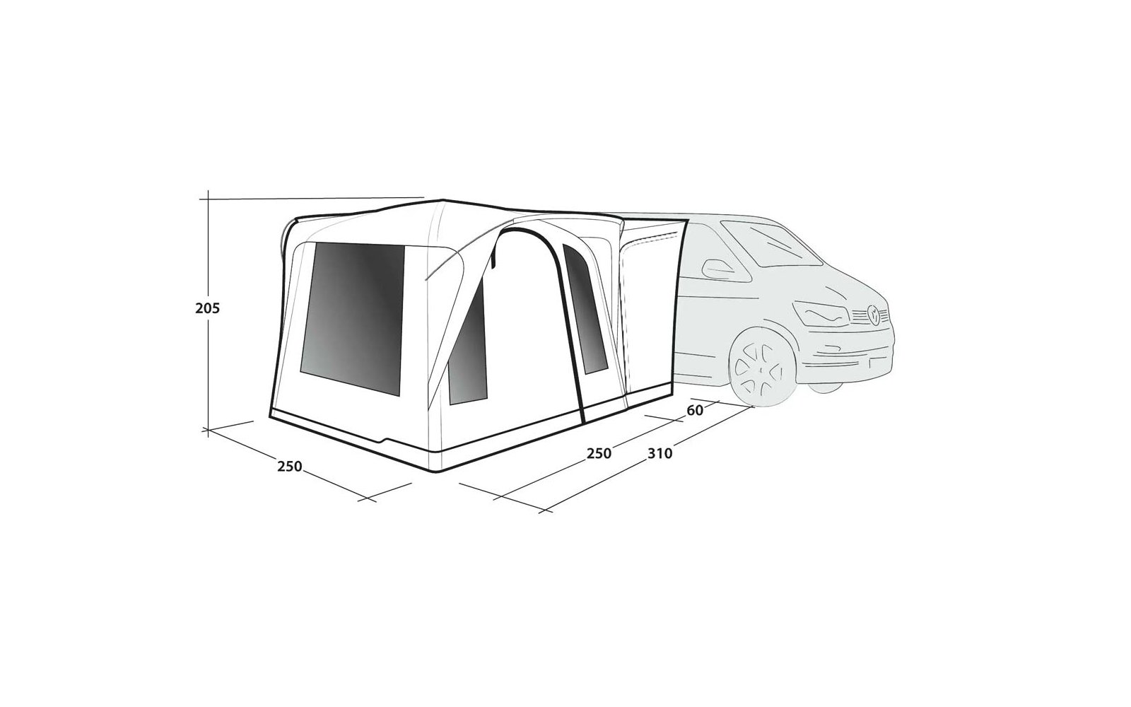 Schéma d'une tente sur le côté d'une voiture avec une fenêtre avant rectangulaire, une fenêtre latérale et une entrée zippée ; cotes indiquées 205 cm, 250 cm, 250 cm, 310 cm et 60 cm