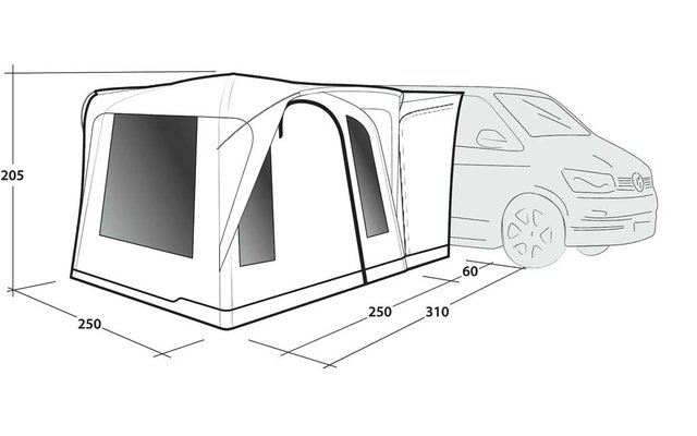 Schéma d'une tente sur le côté d'une voiture avec une fenêtre avant rectangulaire, une fenêtre latérale et une entrée zippée ; cotes indiquées 205 cm, 250 cm, 250 cm, 310 cm et 60 cm