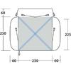Dessin technique d'un tissu rectangulaire gris clair avec deux sangles bleues diagonales formant un X ; petits œillets de fixation aux angles, une sangle avec mousquetons en haut, un câble avec prise en bas à gauche, coussins arrondis à gauche et à droite ; flèches de cotes et chiffres 60, 250 et 225