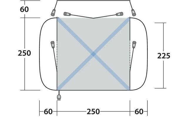 Dessin technique d'un tissu rectangulaire gris clair avec deux sangles bleues diagonales formant un X ; petits œillets de fixation aux angles, une sangle avec mousquetons en haut, un câble avec prise en bas à gauche, coussins arrondis à gauche et à droite ; flèches de cotes et chiffres 60, 250 et 225