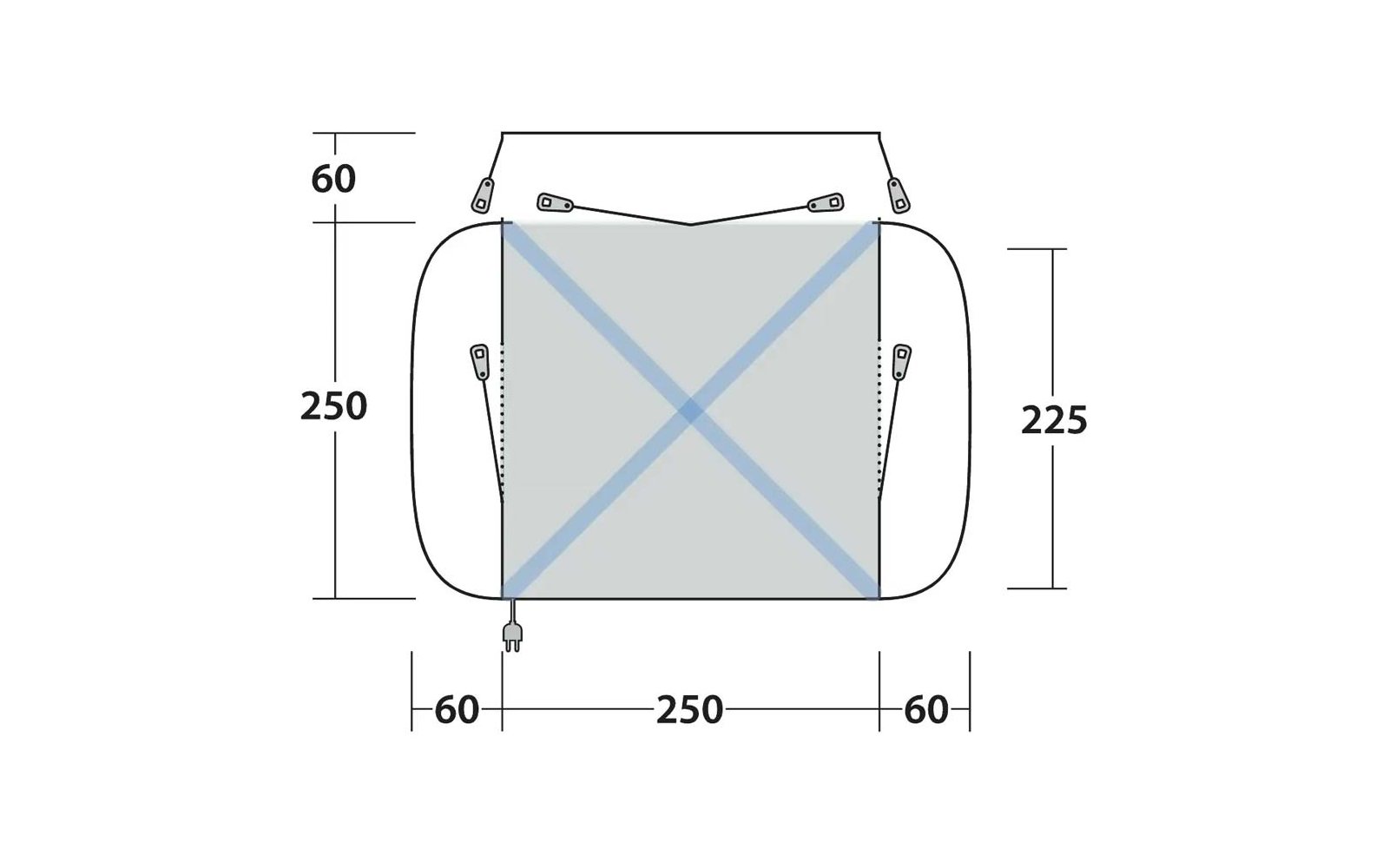 Dessin technique d'un tissu rectangulaire gris clair avec deux sangles bleues diagonales formant un X ; petits œillets de fixation aux angles, une sangle avec mousquetons en haut, un câble avec prise en bas à gauche, coussins arrondis à gauche et à droite ; flèches de cotes et chiffres 60, 250 et 225