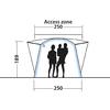 Schéma d'une entrée couverte avec trois personnes représentées en silhouettes dans l'ouverture ; indications de mesures 'Access zone 250' en haut, '250' en bas et '189' sur le côté