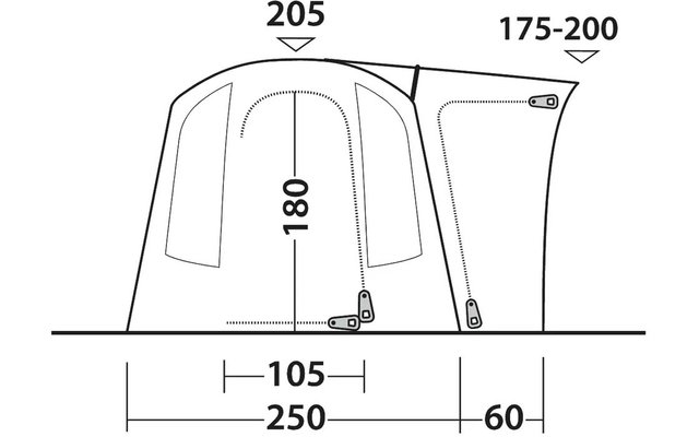 Dessin schématique en noir et blanc avec deux arcs courbes, un panneau latéral et cotes 205, 175–200, 180, 105, 250, 60