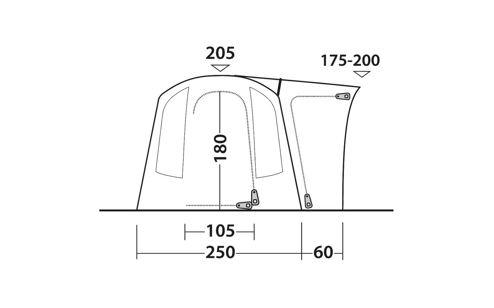 Dessin schématique en noir et blanc avec deux arcs courbes, un panneau latéral et cotes 205, 175–200, 180, 105, 250, 60