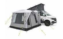 White camper van with raised roof tent and attached gray awning tent, neon-green guy lines, white background