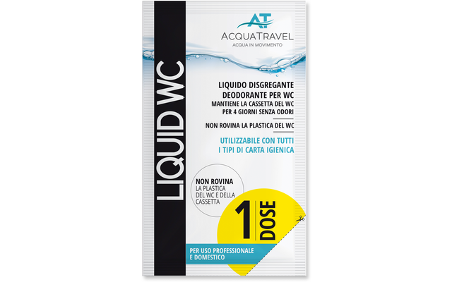 Sachet blanc et bleu avec bande latérale noire ; imprimés 'ACQUATRAVEL' et vertical 'LIQUID WC' ; texte italien 'LIQUIDO DISGREGANTE DEODORANTE PER WC' ; cercle jaune '1 DOSE' ; motif vague bleu