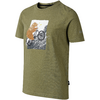 Olivgrünes kurzärmliges T‑Shirt mit rundem Halsausschnitt; rechteckiger Druck auf der Vorderseite mit einem Bären auf einem Fahrrad vor strukturiertem Hintergrund
