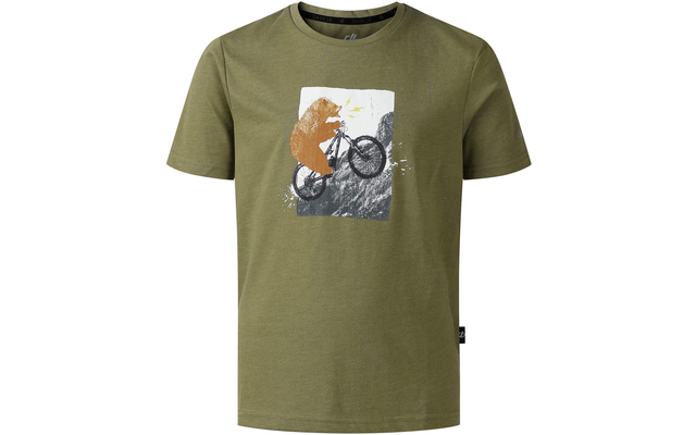 Olivgrünes T‑Shirt mit quadratischem Aufdruck: oranger Bär auf einem Fahrrad auf einer grauen Felswand, weißer Hintergrund