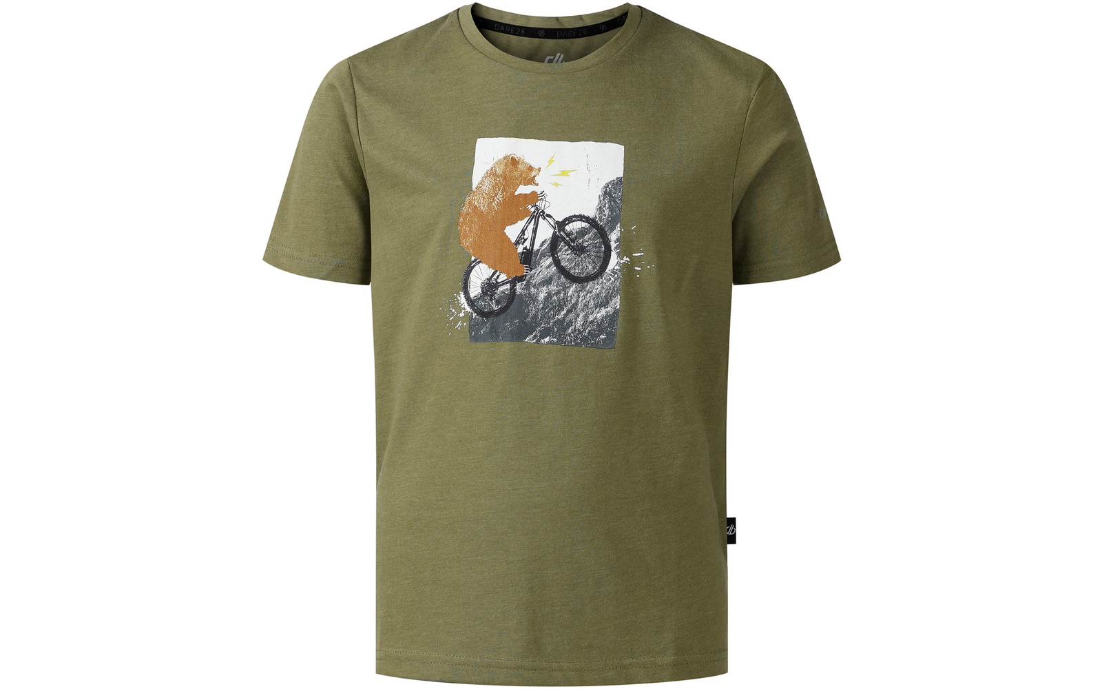 Olivgrünes T‑Shirt mit quadratischem Aufdruck: oranger Bär auf einem Fahrrad auf einer grauen Felswand, weißer Hintergrund