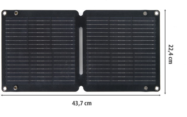 Zwei nebeneinander liegende rechteckige Solarpaneele mit Zellraster und Metallösen, Maßangaben 43,7 cm × 22,4 cm, weißer Hintergrund