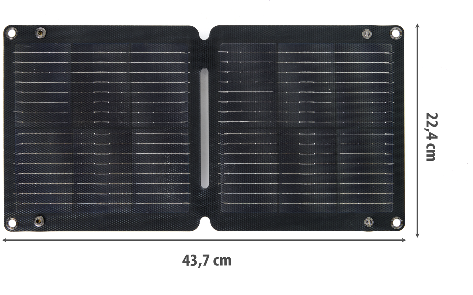 Zwei nebeneinander liegende rechteckige Solarpaneele mit Zellraster und Metallösen, Maßangaben 43,7 cm × 22,4 cm, weißer Hintergrund