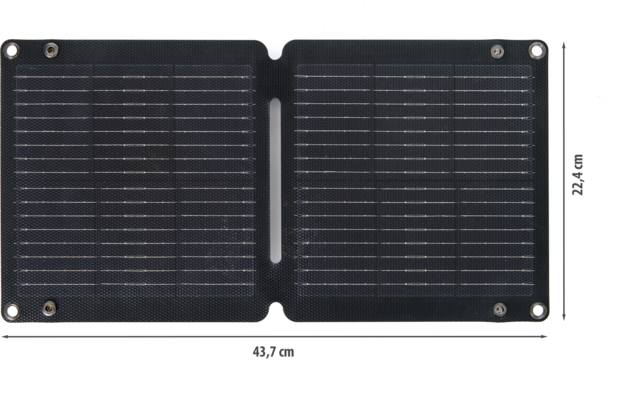 Zwei nebeneinander liegende rechteckige Solarpaneele mit Zellraster und Metallösen, Maßangaben 43,7 cm × 22,4 cm, weißer Hintergrund