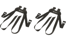 Zwei schwarze Tragegurte mit Schnallen und Haken auf weißem Hintergrund